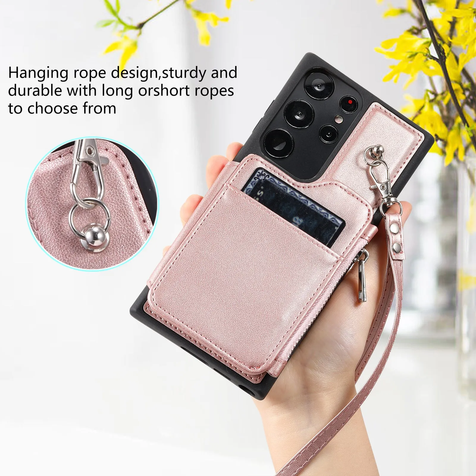 009 For Samsung Galaxy S23 Ultra Zipper Pocket Case Kickstand PU Leather Coated TPU RFID Blocking Wallet Phone Cover with Wrist Strap