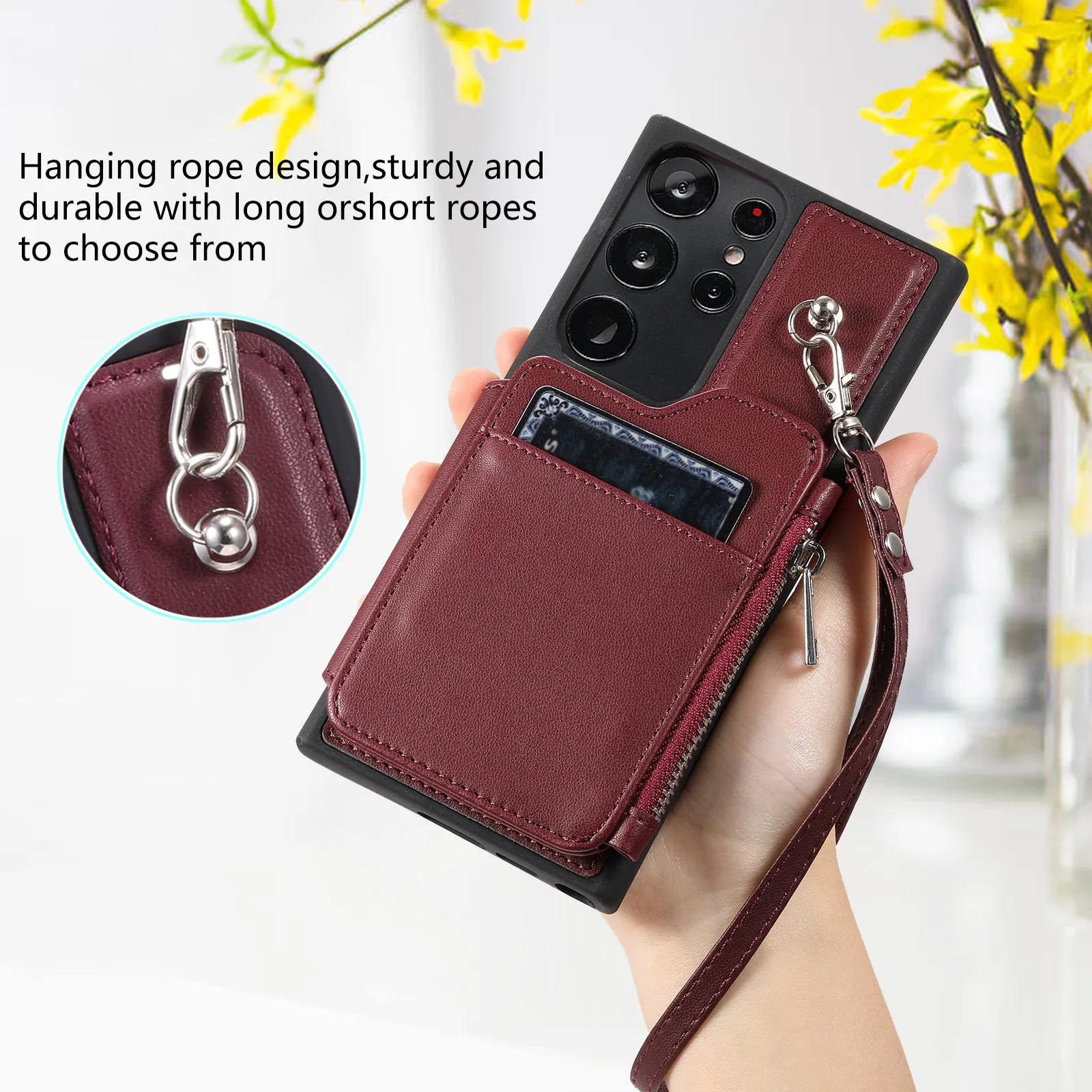 009 For Samsung Galaxy S23 Ultra Zipper Pocket Case Kickstand PU Leather Coated TPU RFID Blocking Wallet Phone Cover with Wrist Strap