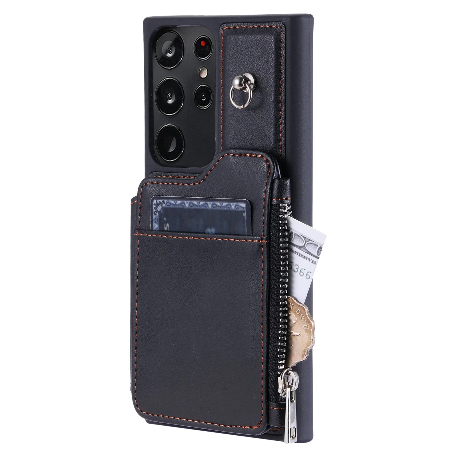 009 For Samsung Galaxy S23 Ultra Zipper Pocket Case Kickstand PU Leather Coated TPU RFID Blocking Wallet Phone Cover with Wrist Strap