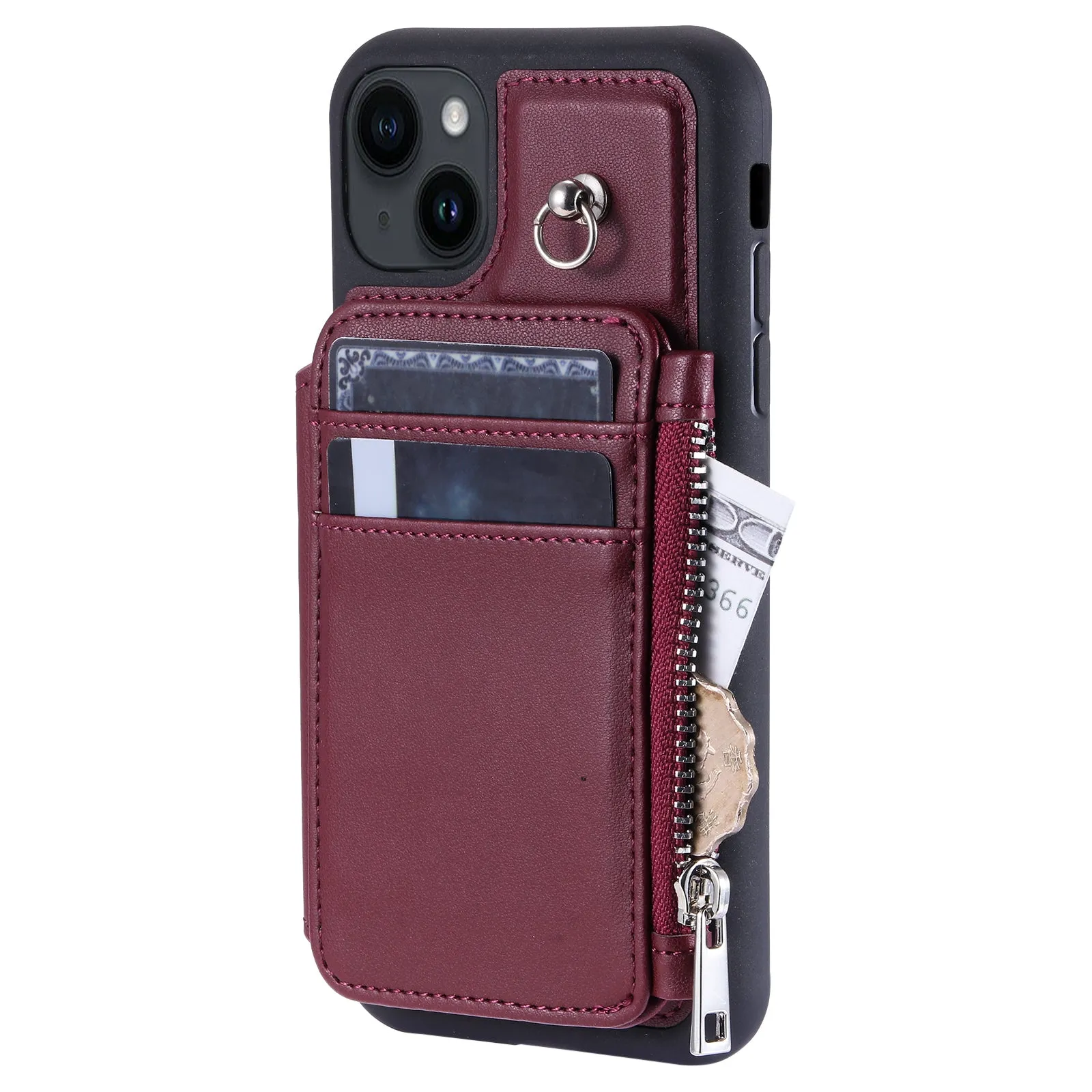 009 RFID Blocking PU TPU Phone Cover for iPhone 15 Plus Kickstand Zipper Wallet Phone Case with Straps