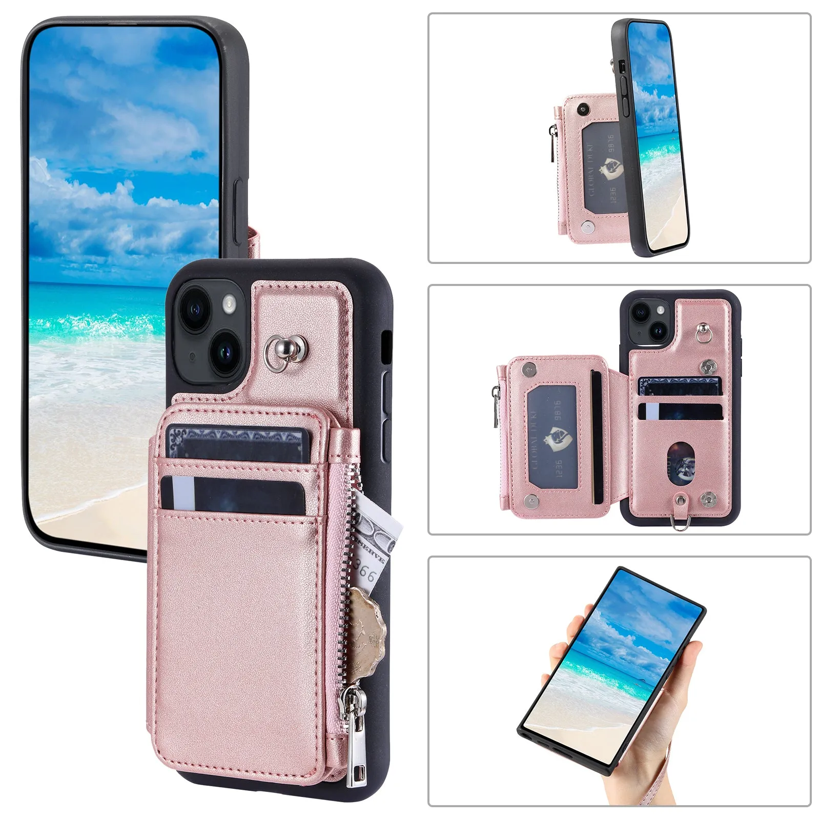 009 RFID Blocking PU TPU Phone Cover for iPhone 15 Plus Kickstand Zipper Wallet Phone Case with Straps