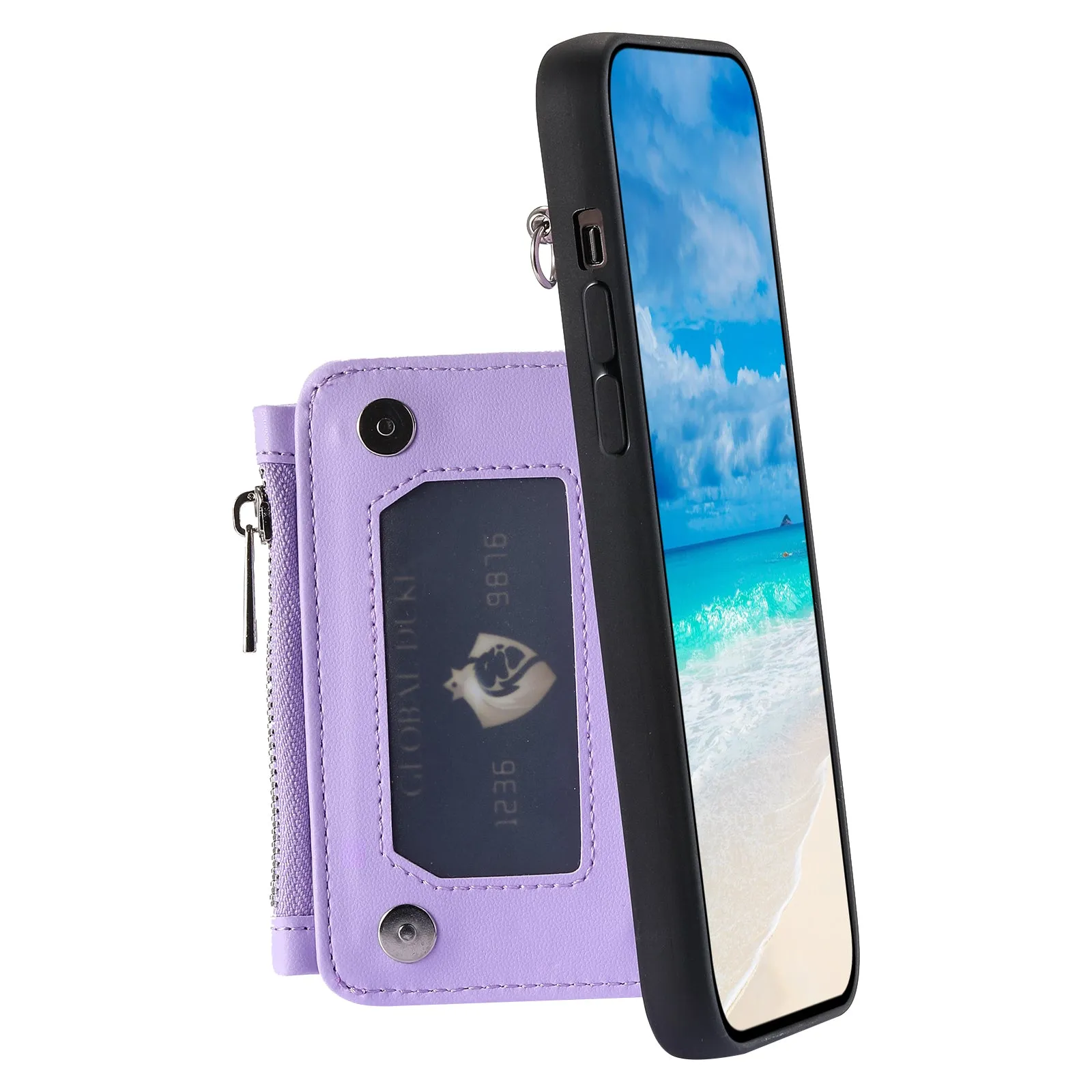 009 RFID Blocking PU TPU Phone Cover for iPhone 15 Plus Kickstand Zipper Wallet Phone Case with Straps