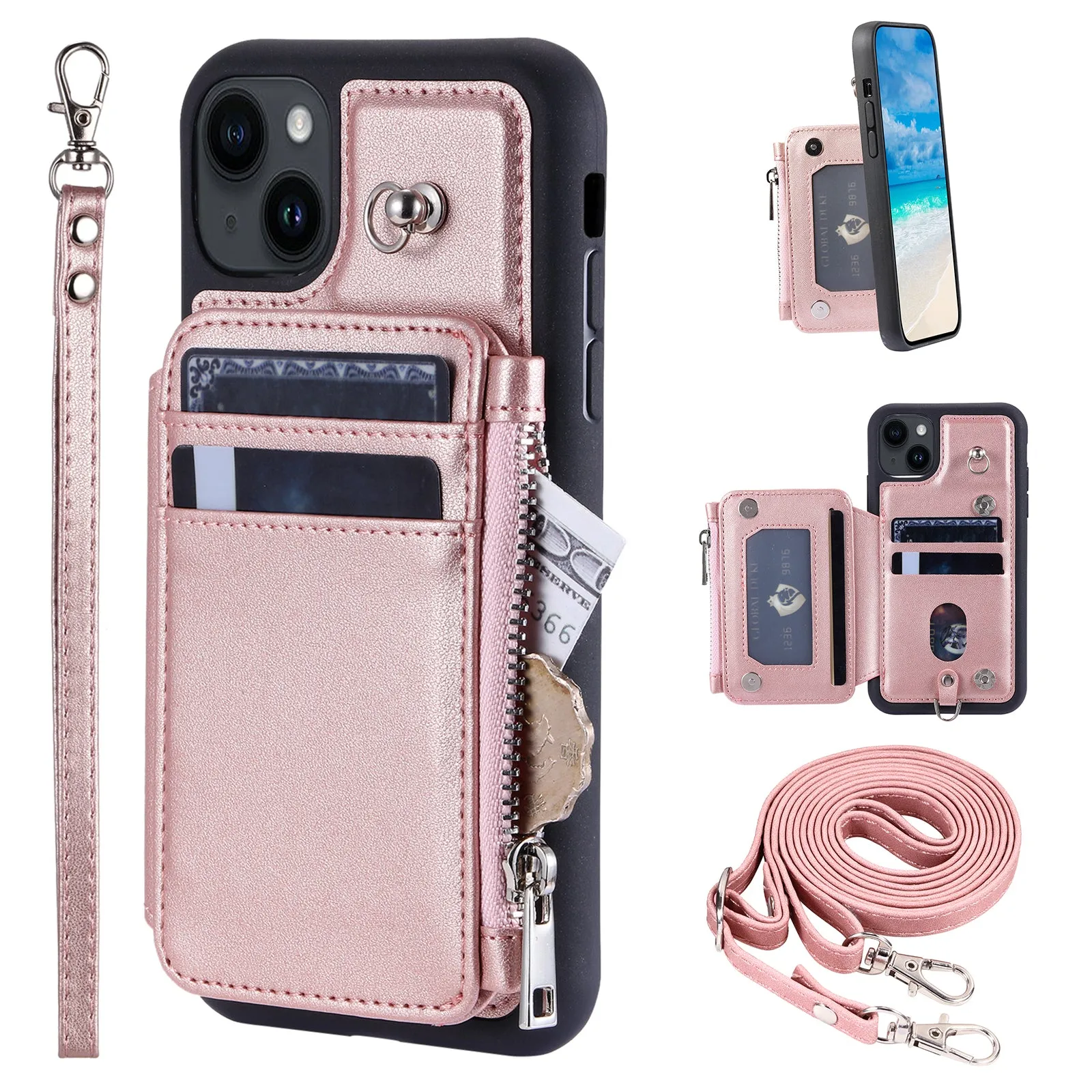 009 RFID Blocking PU TPU Phone Cover for iPhone 15 Plus Kickstand Zipper Wallet Phone Case with Straps