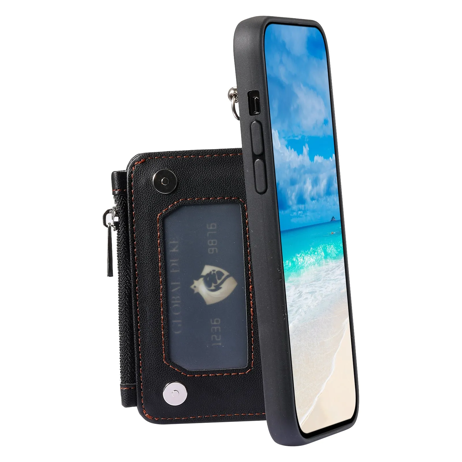 009 RFID Blocking PU TPU Phone Cover for iPhone 15 Plus Kickstand Zipper Wallet Phone Case with Straps