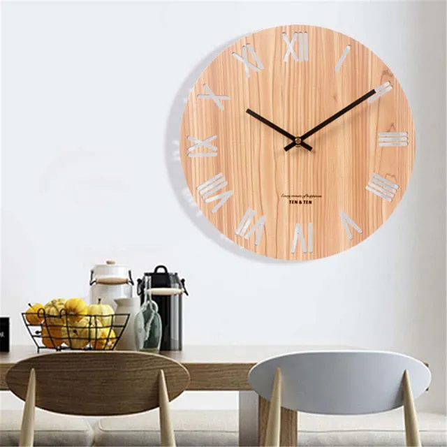 14 Inch Harajuku Minimalist Wood Wall Clock Livingroom Retro Rome Number Clock Personality Hollow Out Clock for Home Decor