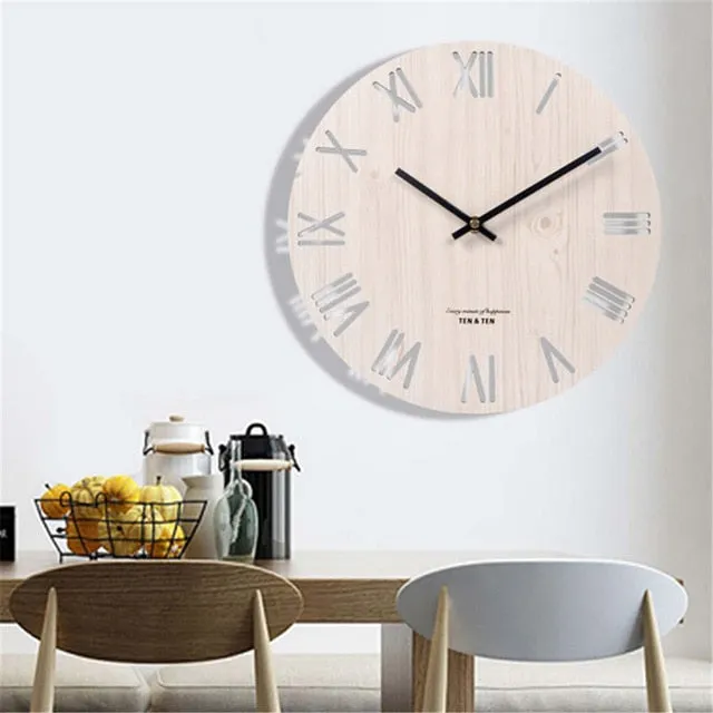 14 Inch Harajuku Minimalist Wood Wall Clock Livingroom Retro Rome Number Clock Personality Hollow Out Clock for Home Decor