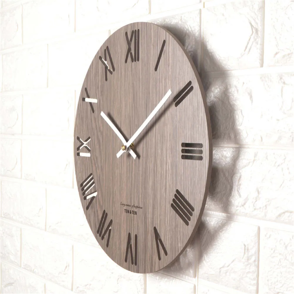 14 Inch Harajuku Minimalist Wood Wall Clock Livingroom Retro Rome Number Clock Personality Hollow Out Clock for Home Decor