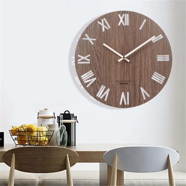 14 Inch Harajuku Minimalist Wood Wall Clock Livingroom Retro Rome Number Clock Personality Hollow Out Clock for Home Decor