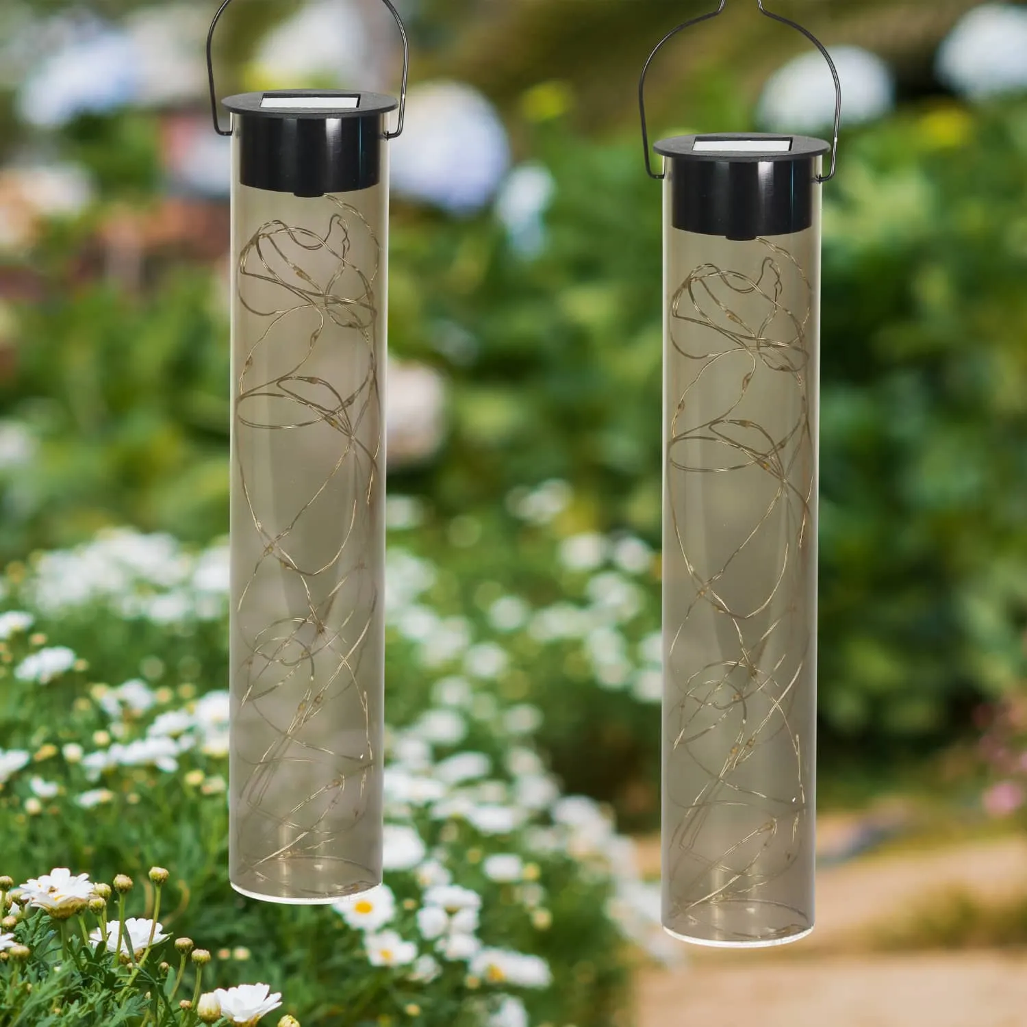 2 Piece Solar Grey Acrylic Hanging Light Sticks with 20 White LED Firefly Lights, 2 by 10 Inches