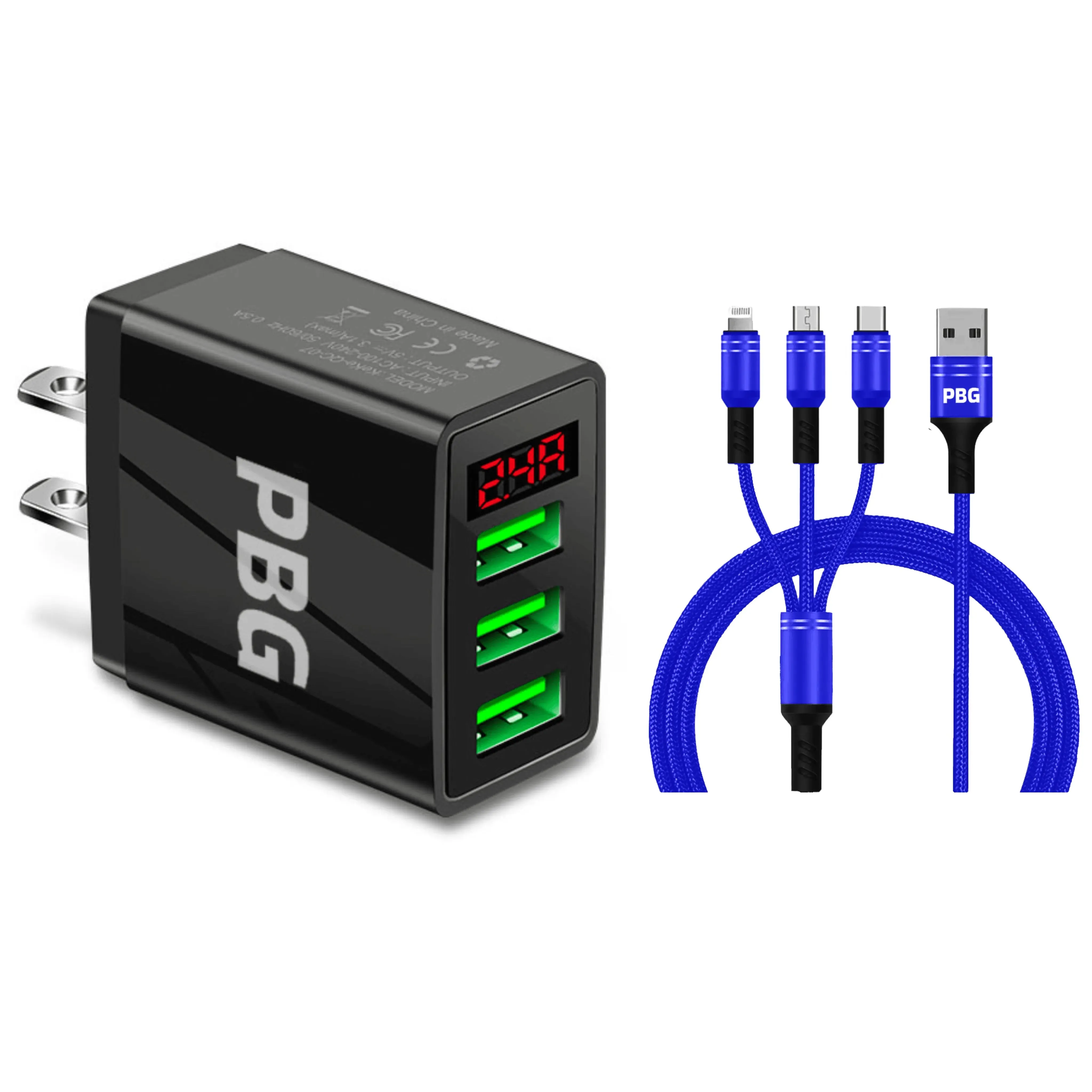 3 port LED Display Wall Charger  and 3 in 1 Cable Bundle Blue