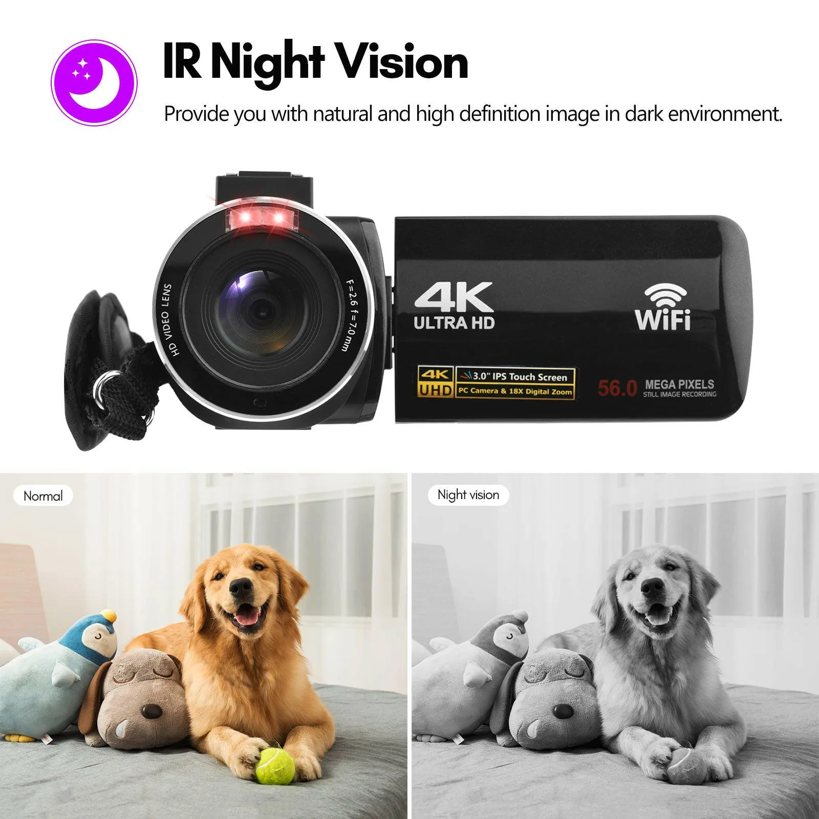 4K Digital Video Camera WiFi Camcorder DV Recorder 56MP 18X Digital Zoom 3.0 Inch IPS Touchscreen Supports Face Detection IR Night Vision Anti-shake with 2pcs Batteries   Remote Control   Carry Bag