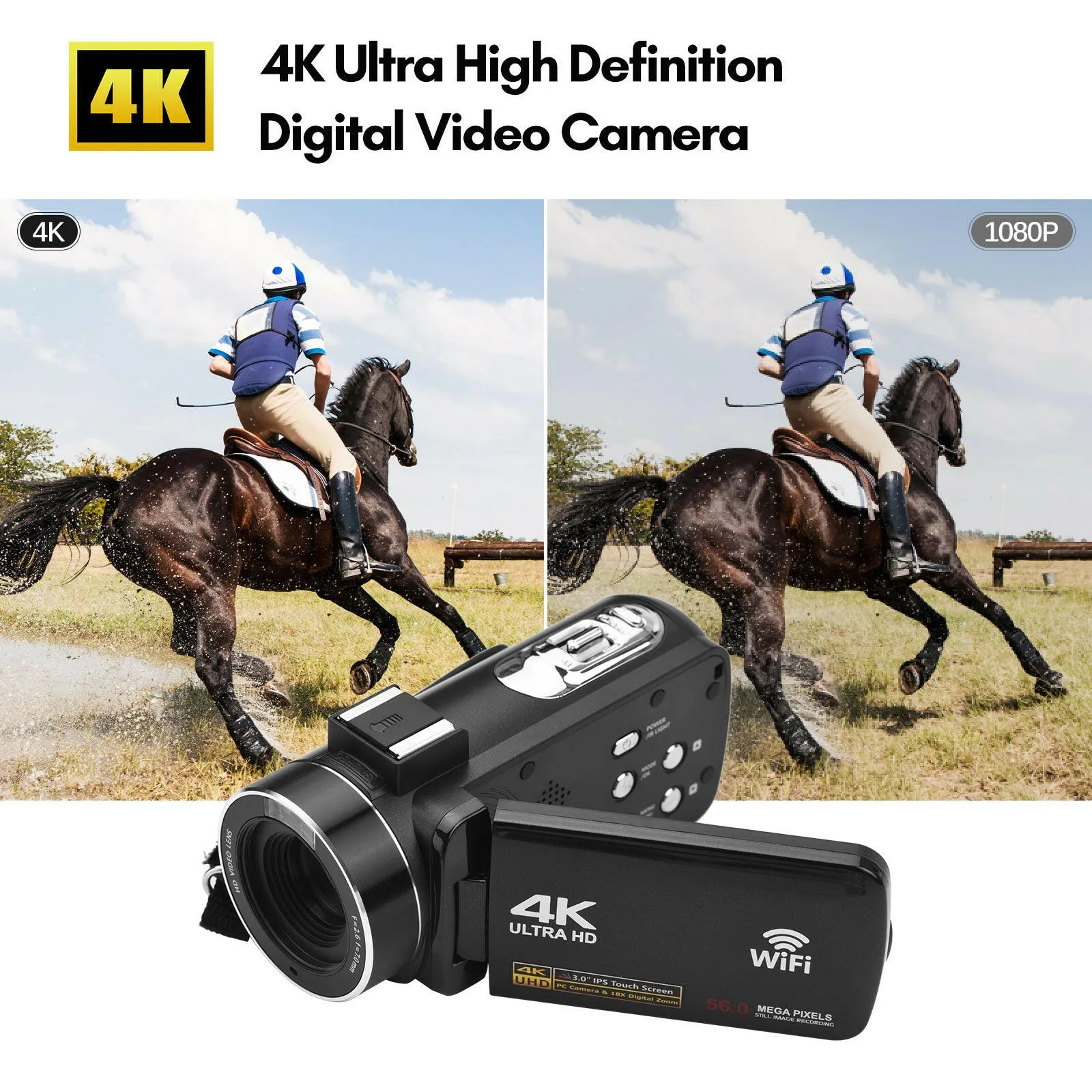 4K Digital Video Camera WiFi Camcorder DV Recorder 56MP 18X Digital Zoom 3.0 Inch IPS Touchscreen Supports Face Detection IR Night Vision Anti-shake with 2pcs Batteries   Remote Control   Carry Bag