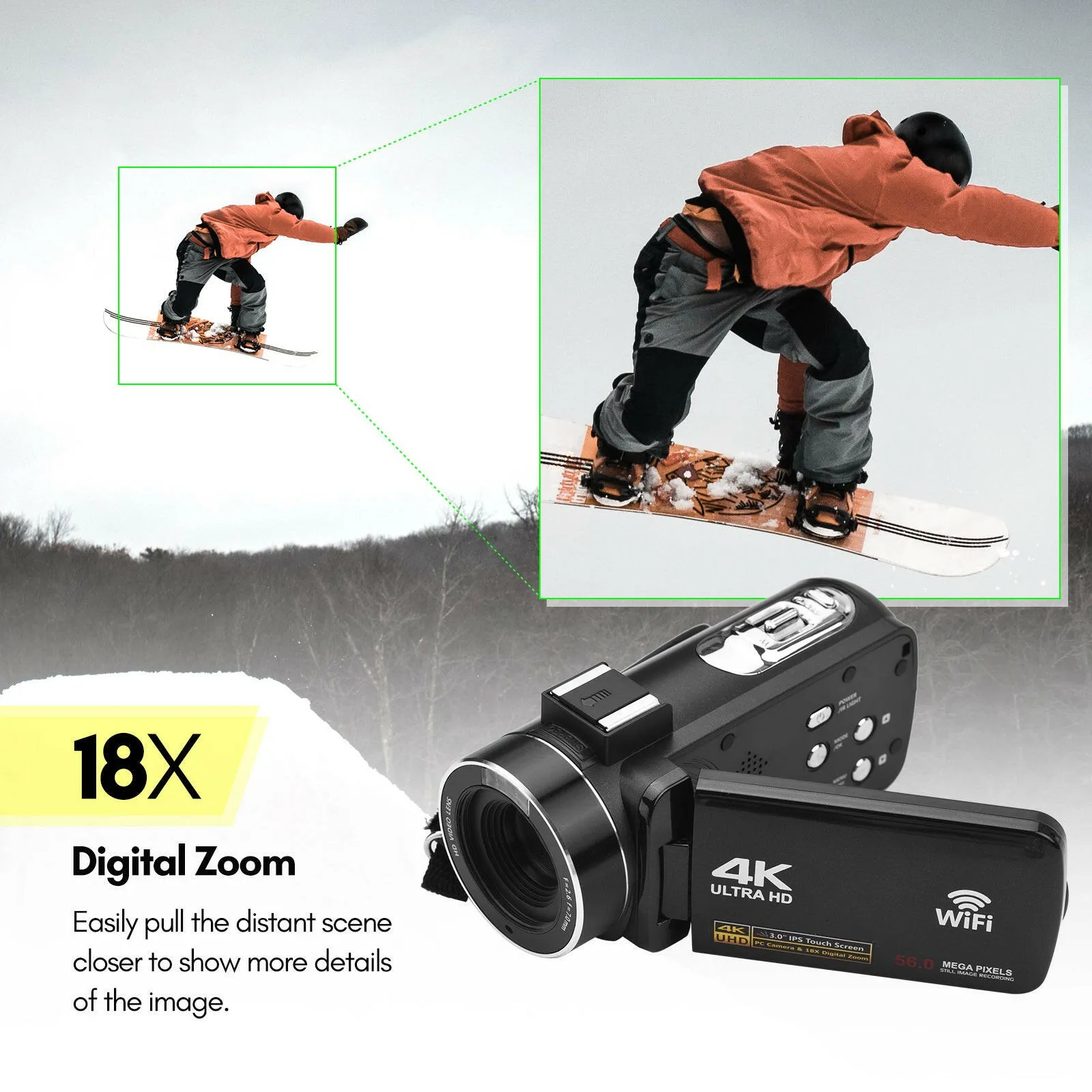 4K Digital Video Camera WiFi Camcorder DV Recorder 56MP 18X Digital Zoom 3.0 Inch IPS Touchscreen Supports Face Detection IR Night Vision Anti-shake with 2pcs Batteries   Remote Control   Carry Bag