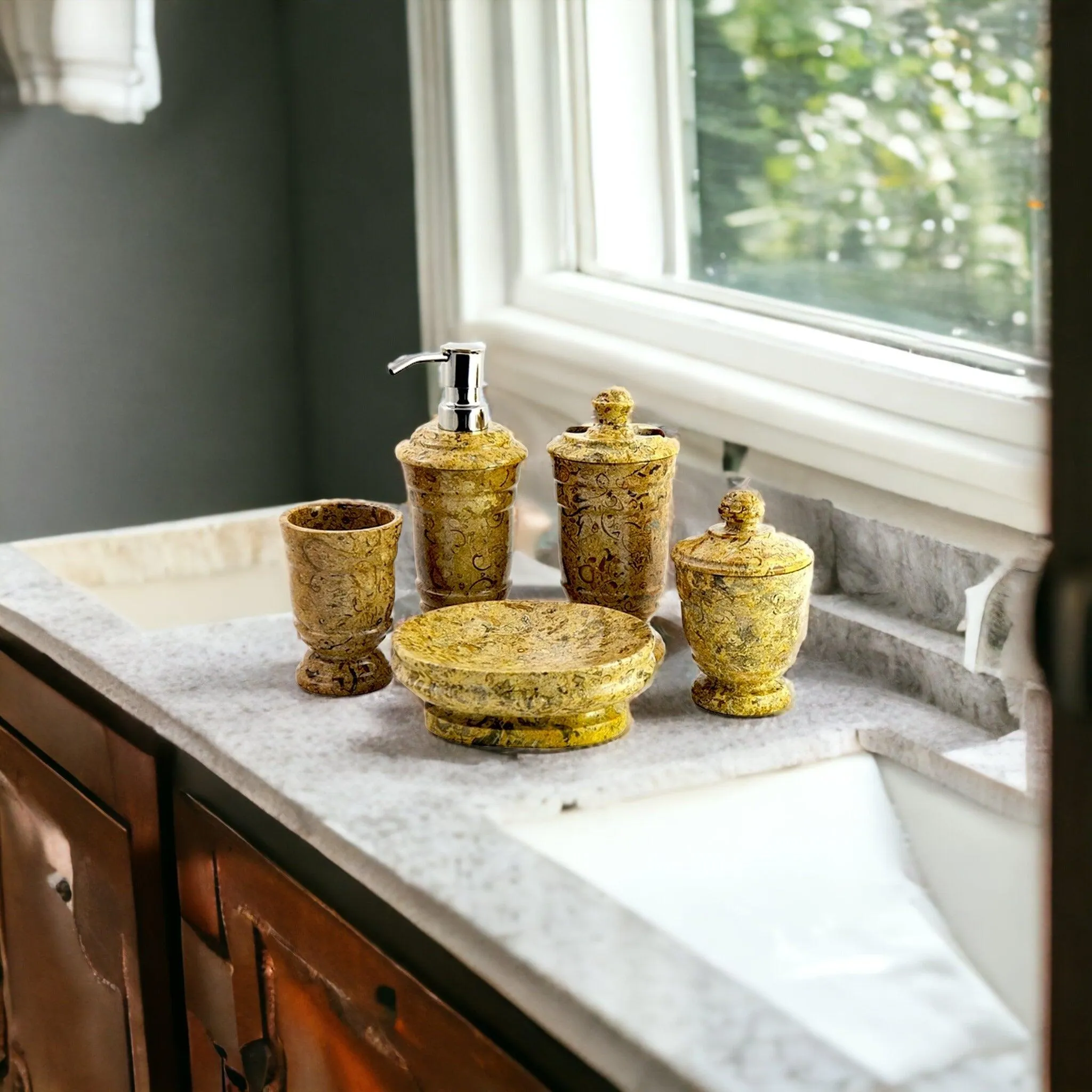 5-Piece Bathroom Accessories Set in Fossil Stone