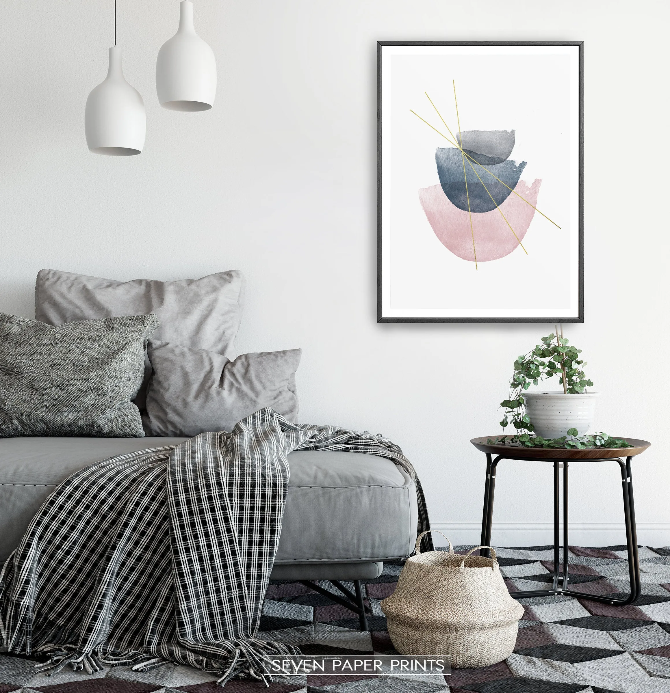 Abstract Geometric Wall Art with Pink and Grey Stones