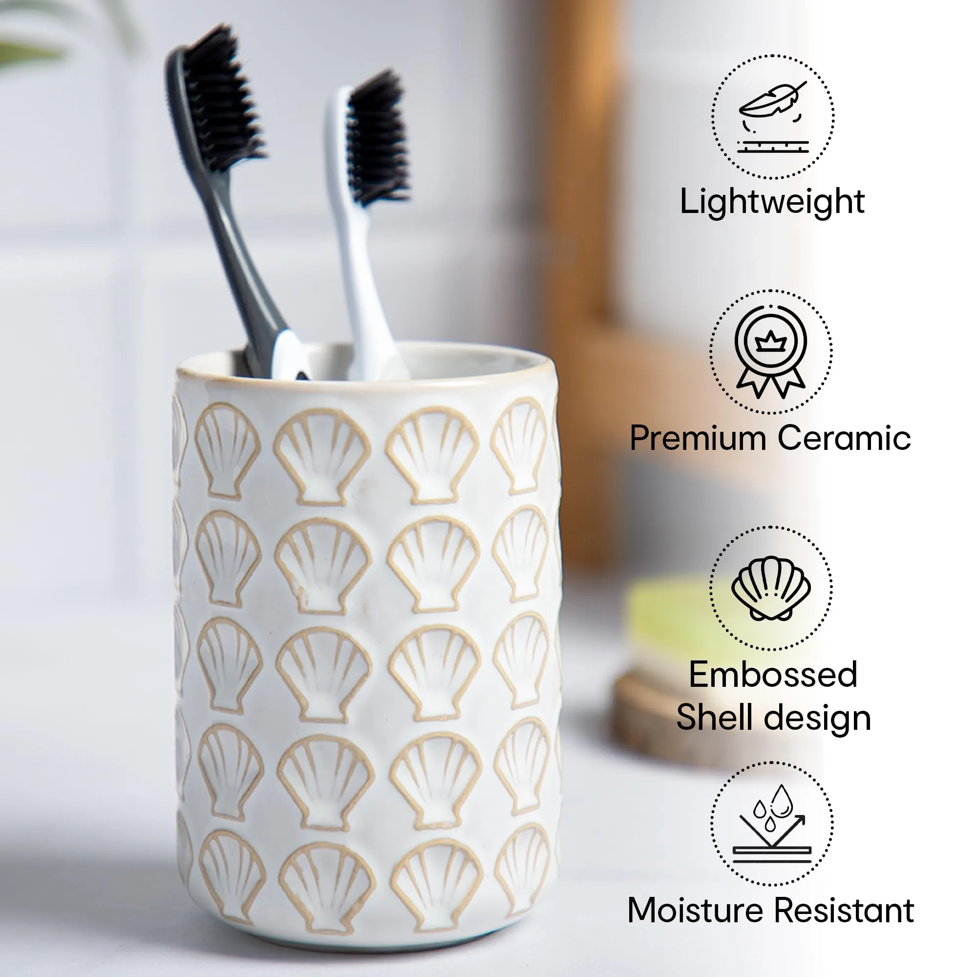 Anko Ceramic Toothbrush Holder for Bathroom | Toothpaste, Makeup Brush Holder for Bathroom | Bathroom Accessories for Wash Basin | Home, Office, Bathroom Organiser | White, Shells | Set of 2