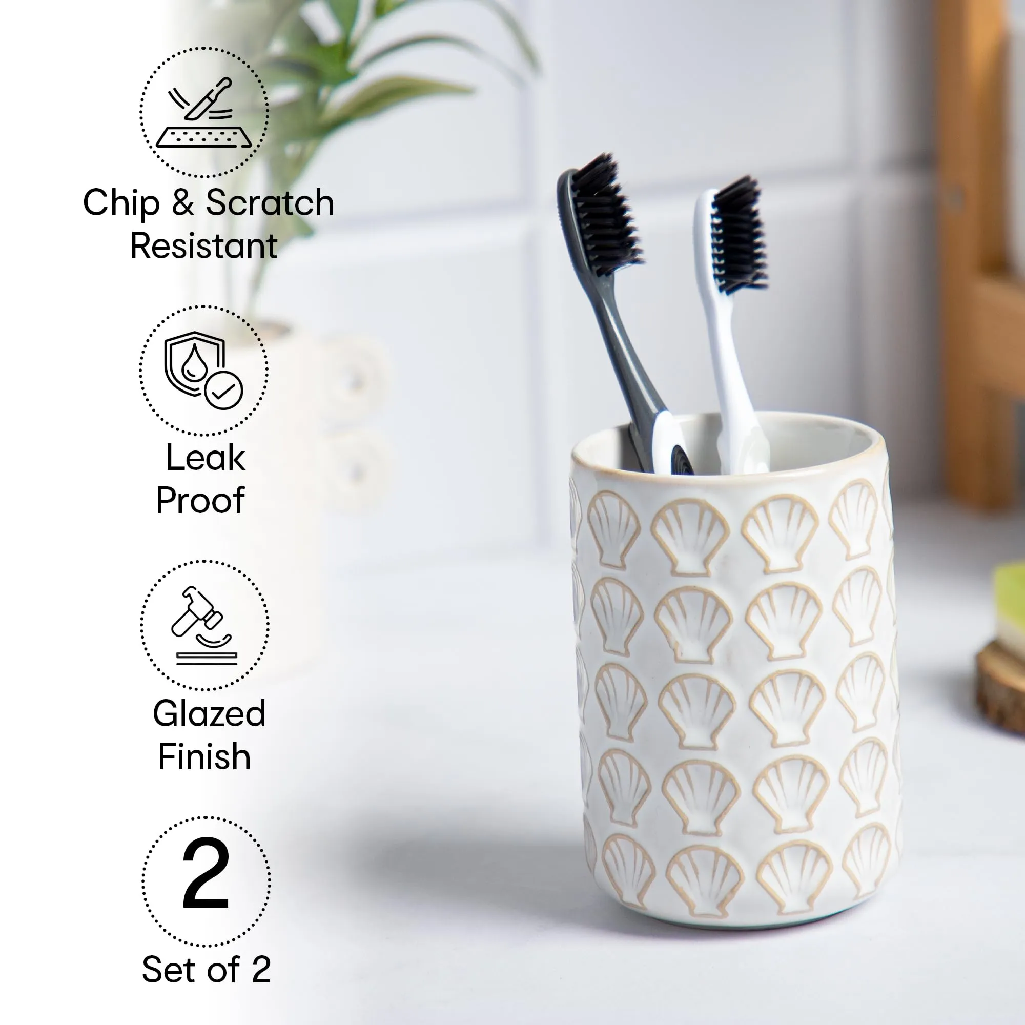 Anko Ceramic Toothbrush Holder for Bathroom | Toothpaste, Makeup Brush Holder for Bathroom | Bathroom Accessories for Wash Basin | Home, Office, Bathroom Organiser | White, Shells | Set of 2