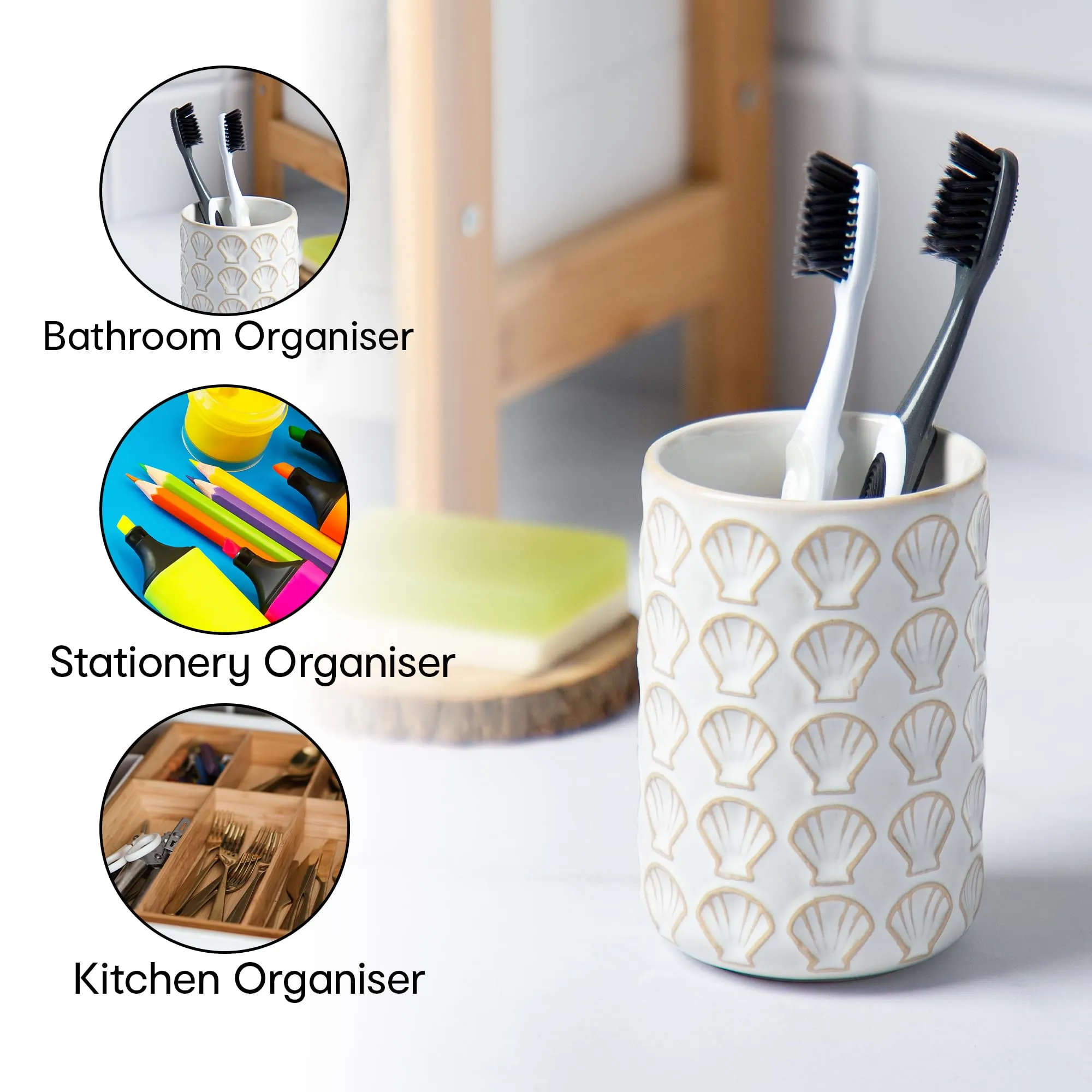 Anko Ceramic Toothbrush Holder for Bathroom | Toothpaste, Makeup Brush Holder for Bathroom | Bathroom Accessories for Wash Basin | Home, Office, Bathroom Organiser | White, Shells | Set of 2