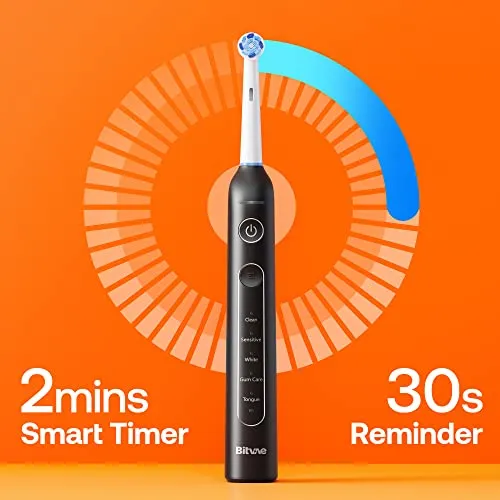 Bitvae R1 Rotating Electric Toothbrush with 8 Brush Heads for Adults and Kids, 60-Day Battery Life, 5 Modes Rechargeable Power Toothbrush with 2-Minute Smart Timer, Black