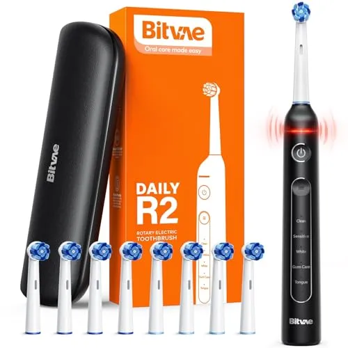 Bitvae R1 Rotating Electric Toothbrush with 8 Brush Heads for Adults and Kids, 60-Day Battery Life, 5 Modes Rechargeable Power Toothbrush with 2-Minute Smart Timer, Black