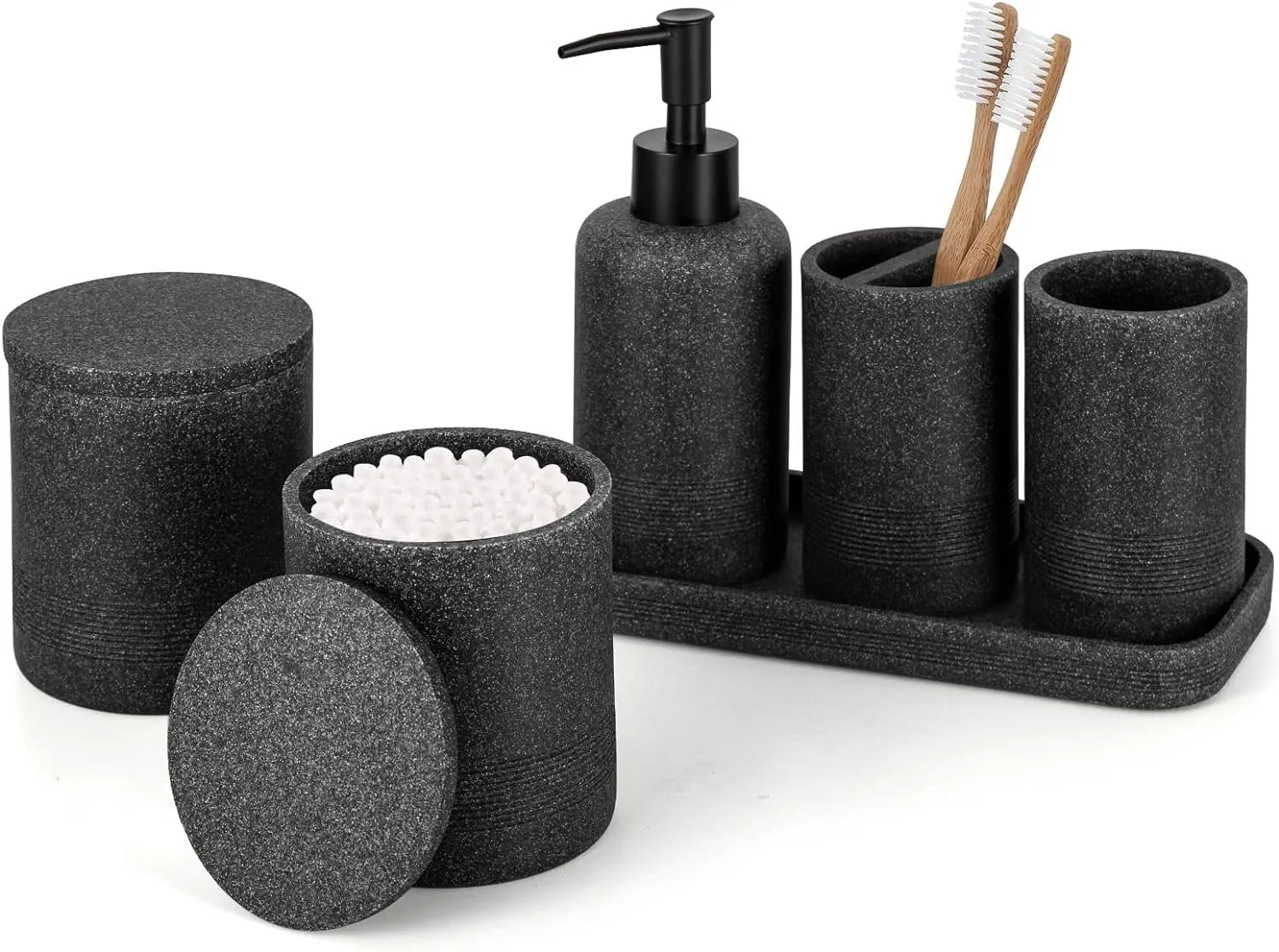 Black Bathroom Accessories Set 6 Pcs - Toothbrush Holder, Lotion Soap Dispensers, 2 Qtip Holder Dispenser, Vanity Tray, Bathroom Tumbler - Countertop Vanity Organizer - Bathroom Accessory Set