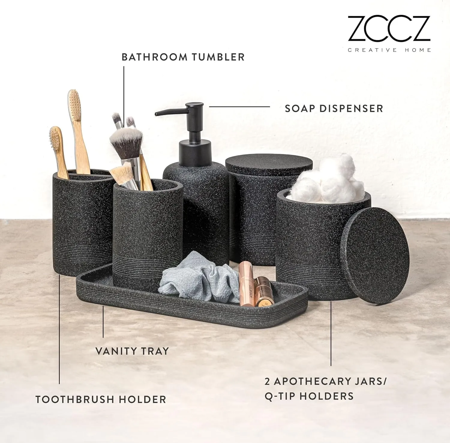 Black Bathroom Accessories Set 6 Pcs - Toothbrush Holder, Lotion Soap Dispensers, 2 Qtip Holder Dispenser, Vanity Tray, Bathroom Tumbler - Countertop Vanity Organizer - Bathroom Accessory Set