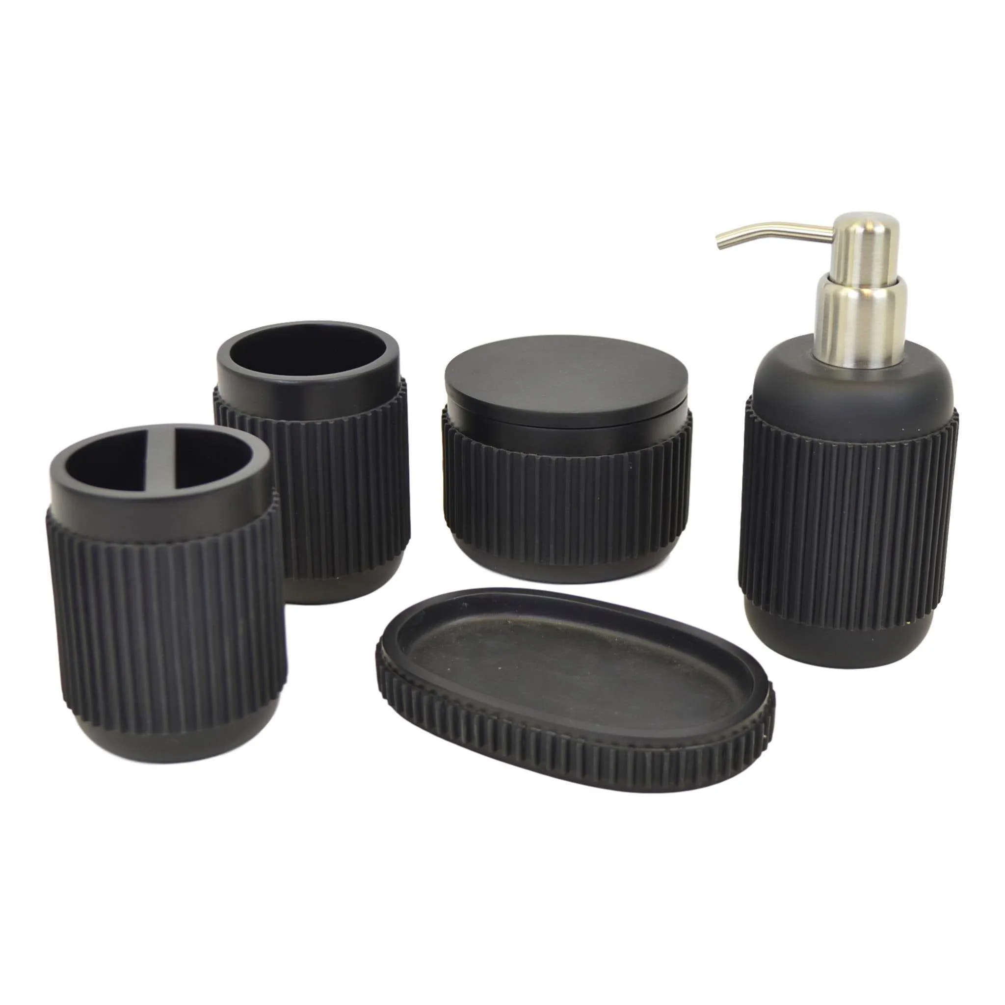 Black Bathroom Set - 5 Piece Bath Set in Ribbed Design