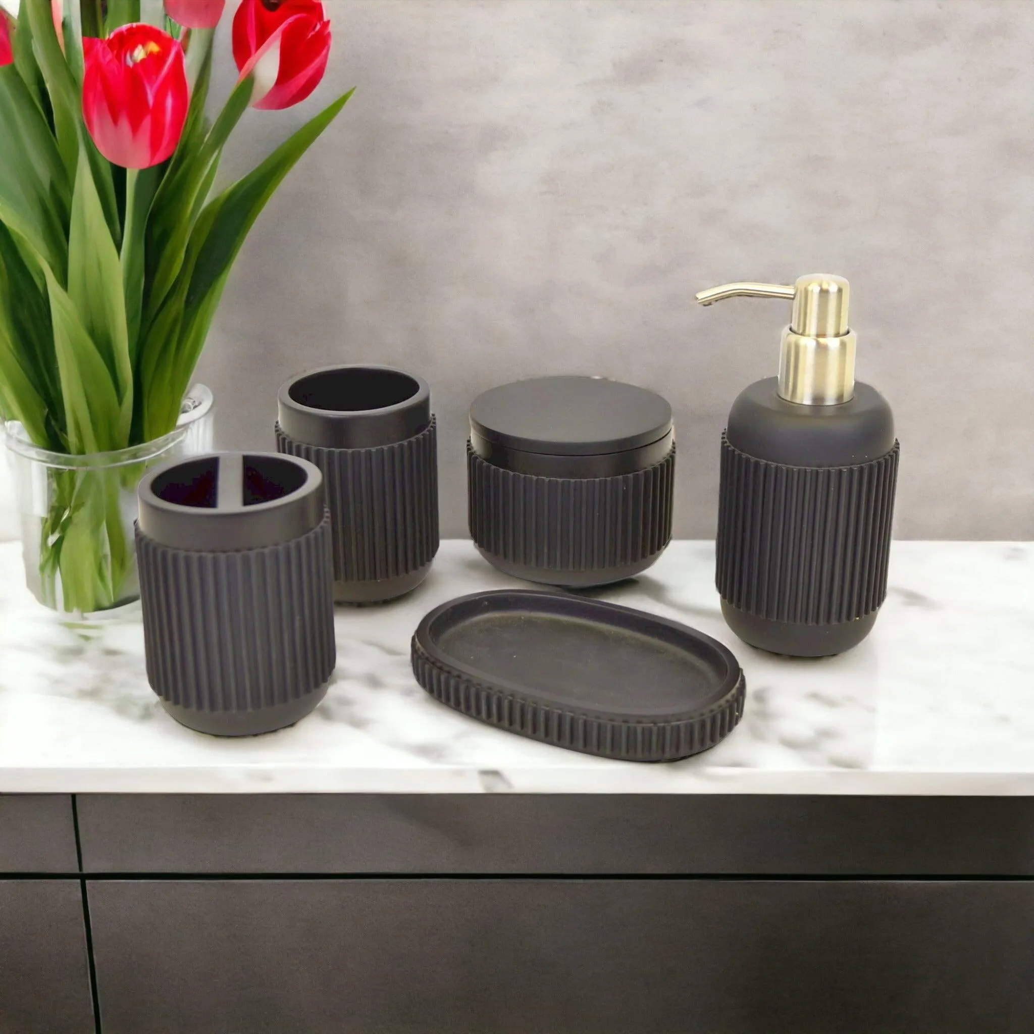 Black Bathroom Set - 5 Piece Bath Set in Ribbed Design