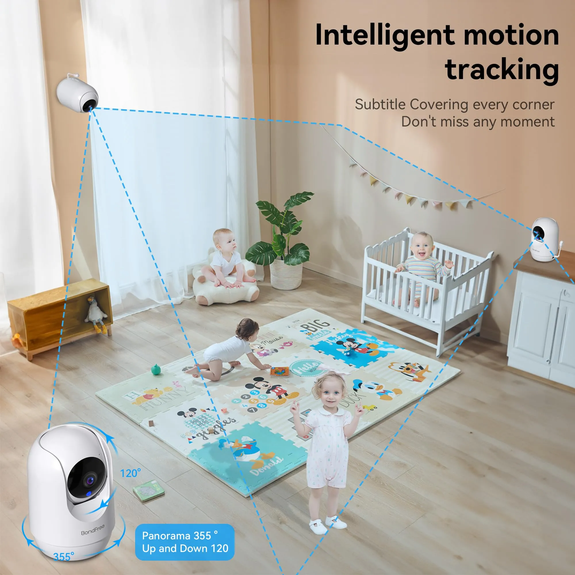 BondFree Baby Monitor with Camera and Audio, 2K Smart Baby Monitor with App, Temperature& Humidity, 2-Way Talk, 3MP Night Vision, 14 Lullabies,Cry & Motion Detection, 4X Zoom-5Ghz WiFi Baby Monitor