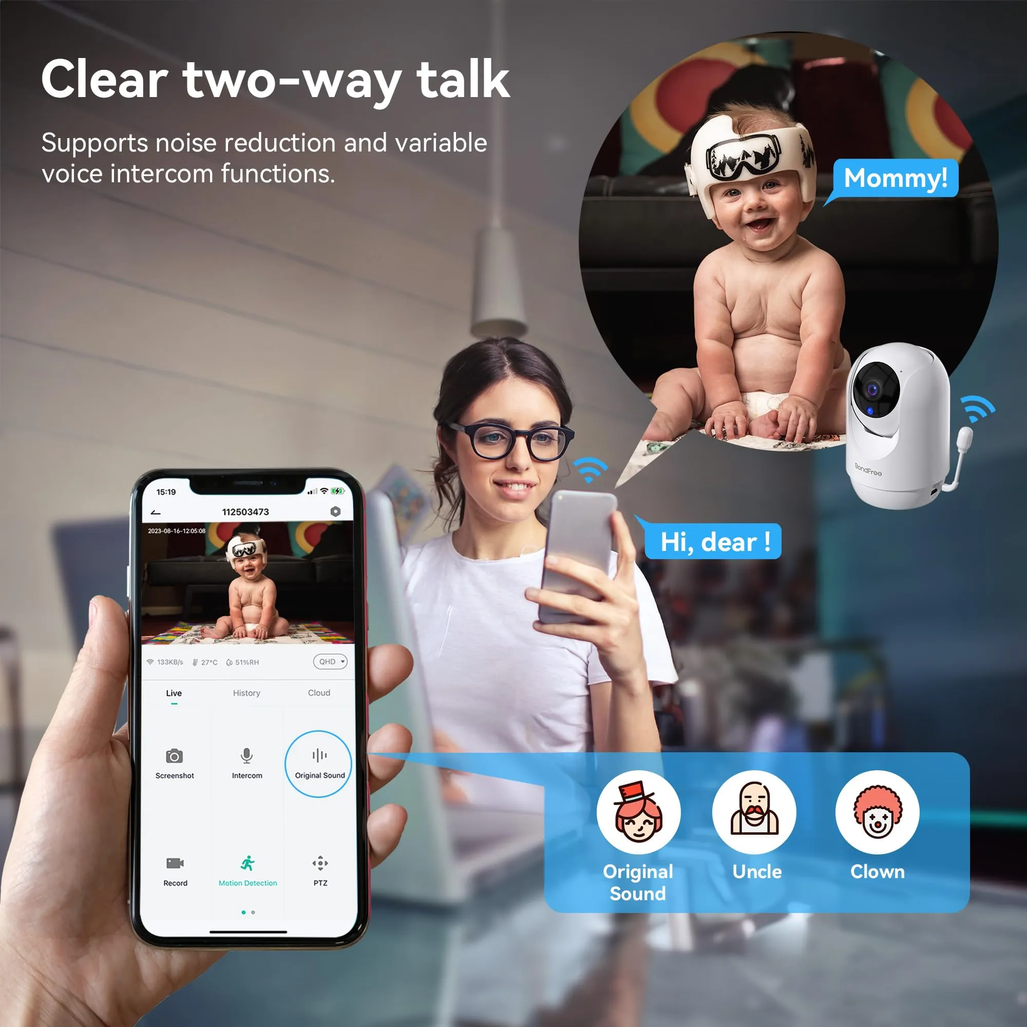 BondFree Baby Monitor with Camera and Audio, 2K Smart Baby Monitor with App, Temperature& Humidity, 2-Way Talk, 3MP Night Vision, 14 Lullabies,Cry & Motion Detection, 4X Zoom-5Ghz WiFi Baby Monitor