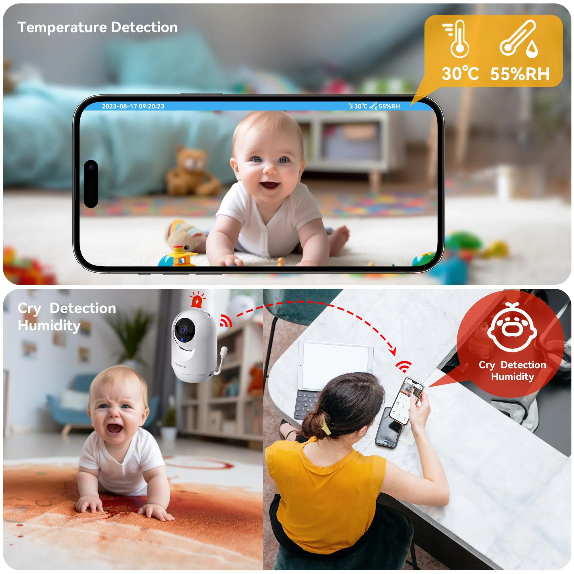 BondFree Baby Monitor with Camera and Audio, 2K Smart Baby Monitor with App, Temperature& Humidity, 2-Way Talk, 3MP Night Vision, 14 Lullabies,Cry & Motion Detection, 4X Zoom-5Ghz WiFi Baby Monitor