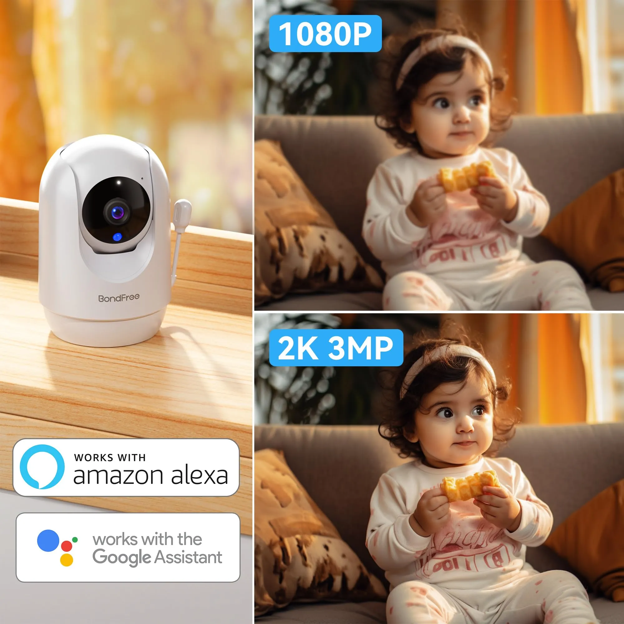 BondFree Baby Monitor with Camera and Audio, 2K Smart Baby Monitor with App, Temperature& Humidity, 2-Way Talk, 3MP Night Vision, 14 Lullabies,Cry & Motion Detection, 4X Zoom-5Ghz WiFi Baby Monitor