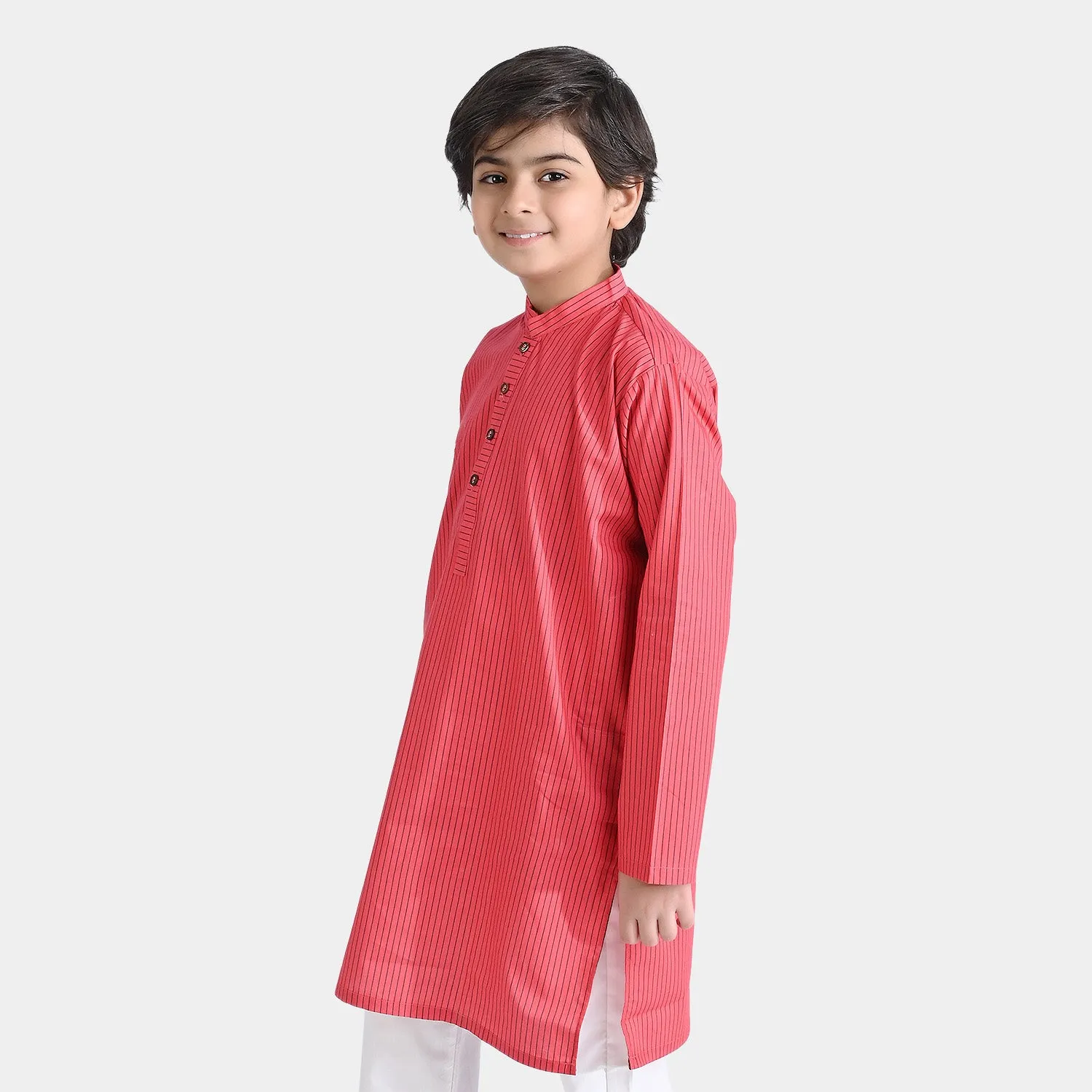 Boys Cotton Poplin Printed Kurta Stripe-Red