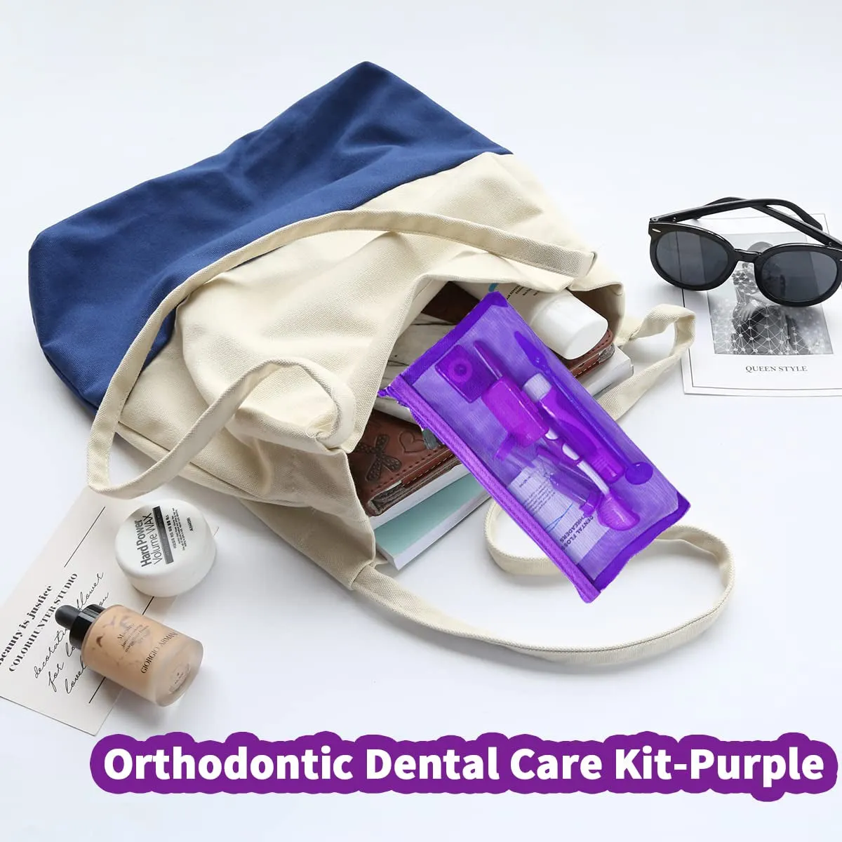 Braces Cleaning Kit for Teeth, Portable Orthodontic Toothbrush Kit Oral Care Dental Travel Kit - Interdental Brush Dental Wax Dental Floss Toothbrush Box (Purple)