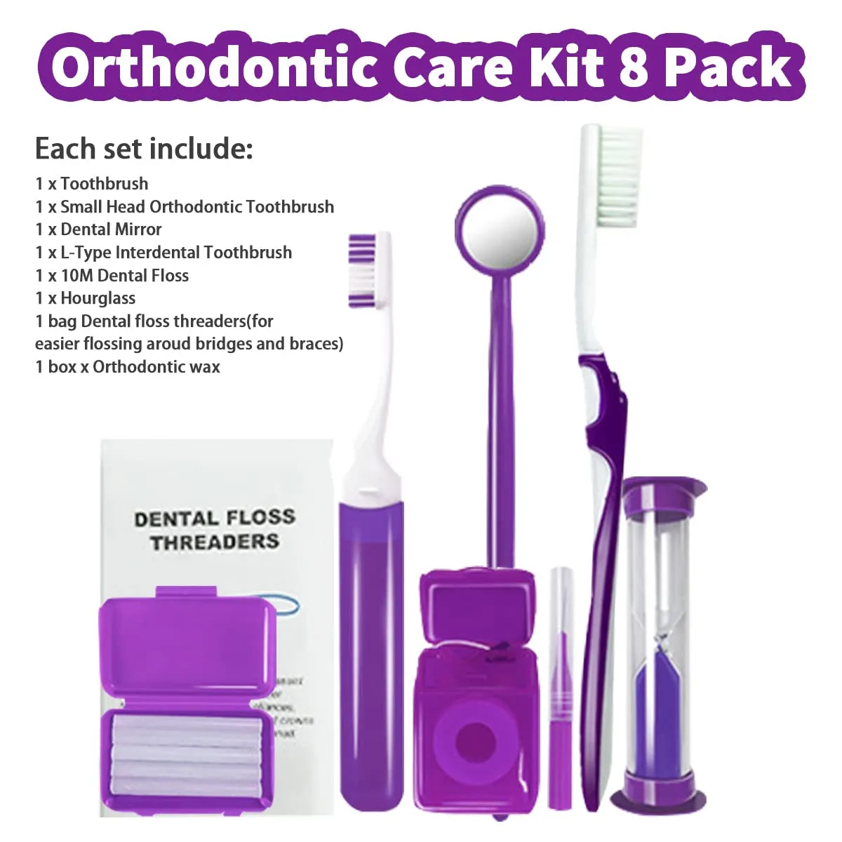 Braces Cleaning Kit for Teeth, Portable Orthodontic Toothbrush Kit Oral Care Dental Travel Kit - Interdental Brush Dental Wax Dental Floss Toothbrush Box (Purple)