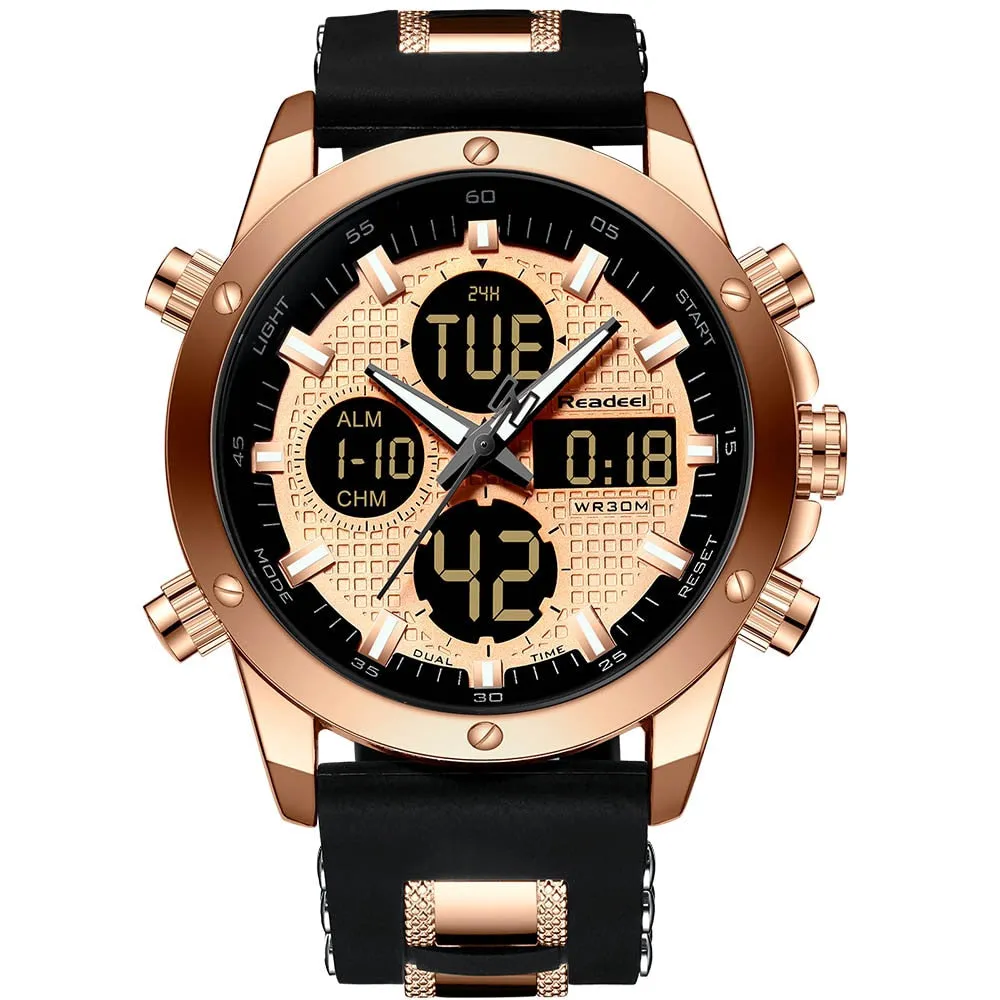 Brand Luxury Men's Chronograph Gold Quatz Digital Led Sport Watch Waterproof Wristwatch