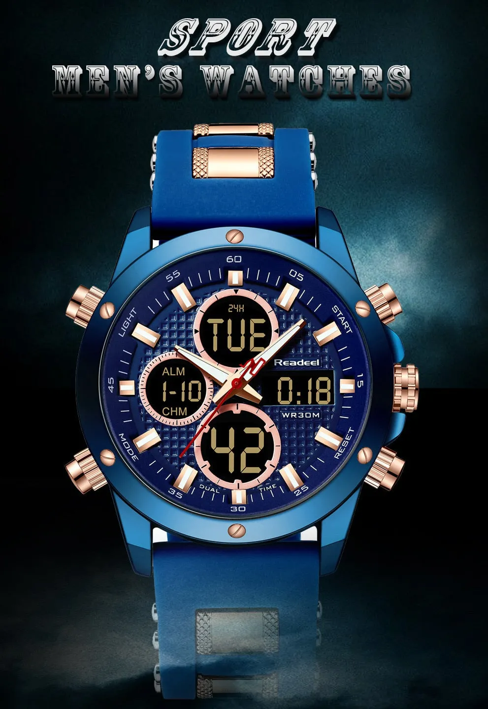 Brand Luxury Men's Chronograph Gold Quatz Digital Led Sport Watch Waterproof Wristwatch