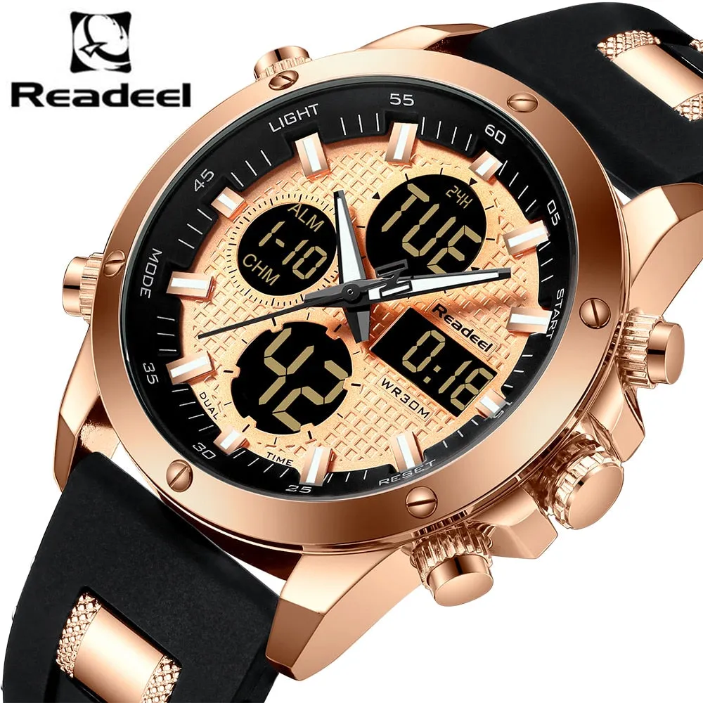 Brand Luxury Men's Chronograph Gold Quatz Digital Led Sport Watch Waterproof Wristwatch