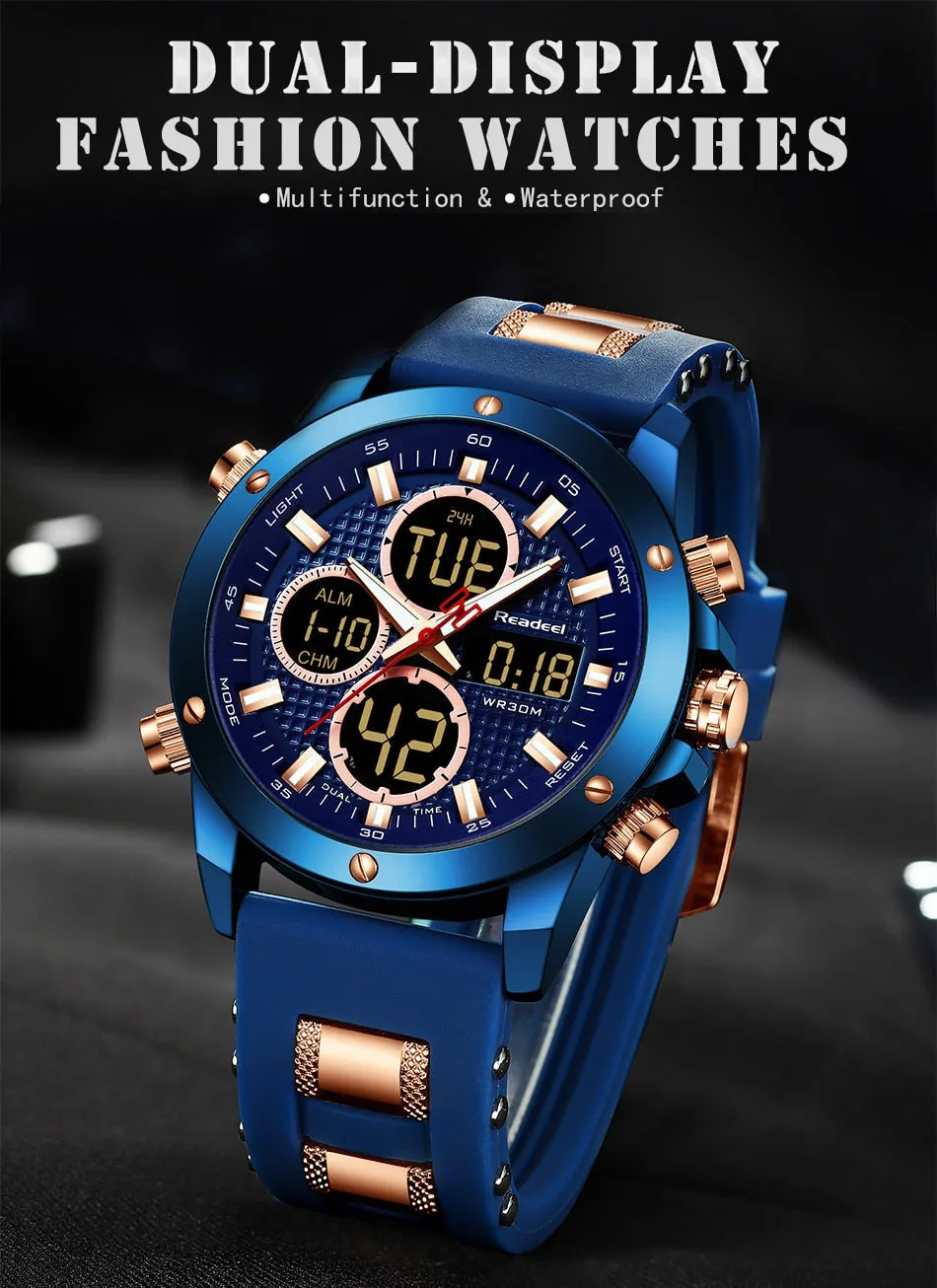 Brand Luxury Men's Chronograph Gold Quatz Digital Led Sport Watch Waterproof Wristwatch