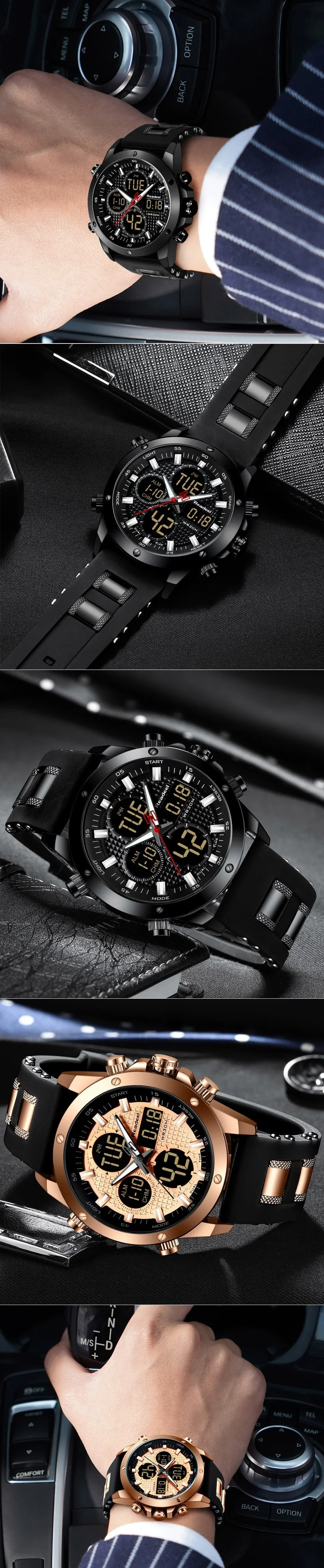 Brand Luxury Men's Chronograph Gold Quatz Digital Led Sport Watch Waterproof Wristwatch