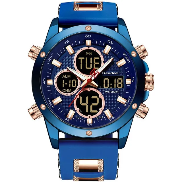 Brand Luxury Men's Chronograph Gold Quatz Digital Led Sport Watch Waterproof Wristwatch