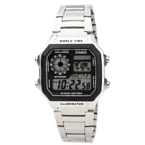 Casio Unisex Classic Casual Grey Digital Dial World Time Steel Watch | AE1200WHD-1A