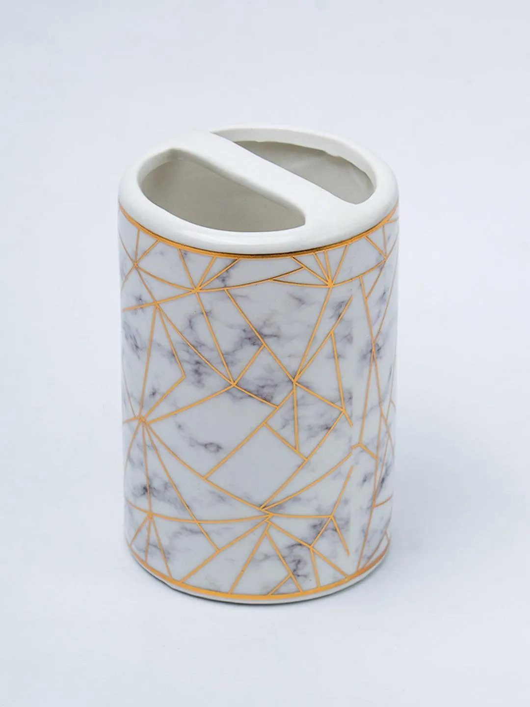 Ceramic Cylindrical Bathroom Set Of 4 - Geometric Pattern, Bath Accessories