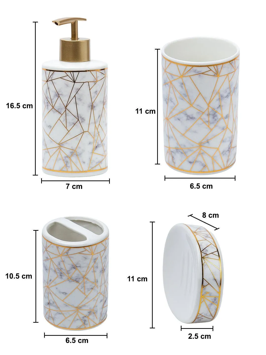 Ceramic Cylindrical Bathroom Set Of 4 - Geometric Pattern, Bath Accessories