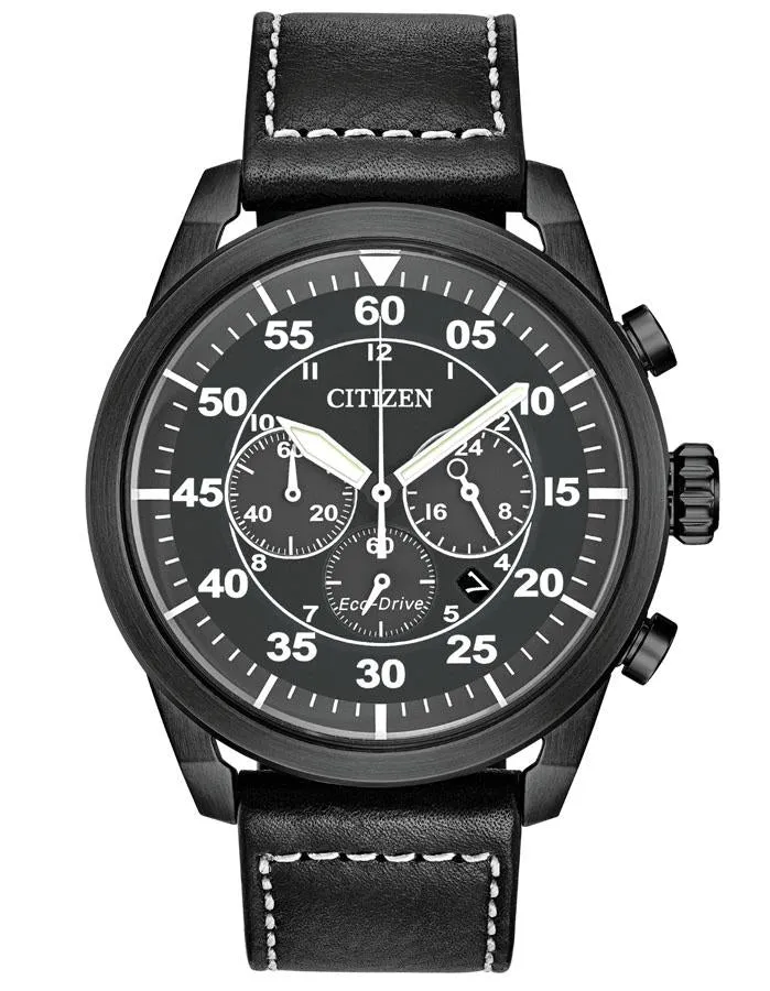 Citizen Men's Eco-Drive Avion Watch - Chronograph - Black Metal - Leather Strap