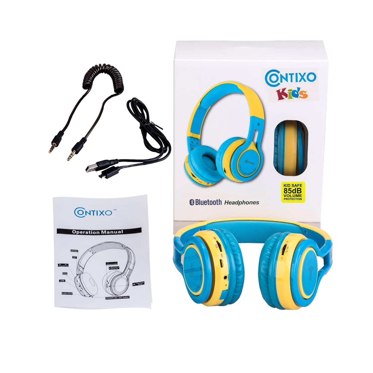 Contixo KB-2600 Kid Safe Over the Ear Foldable Wireless Bluetooth Headphone, Blue/Yellow