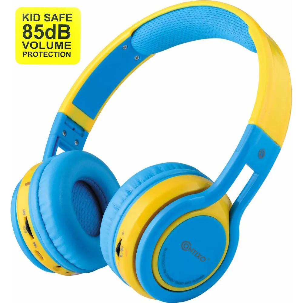 Contixo KB-2600 Kid Safe Over the Ear Foldable Wireless Bluetooth Headphone, Blue/Yellow