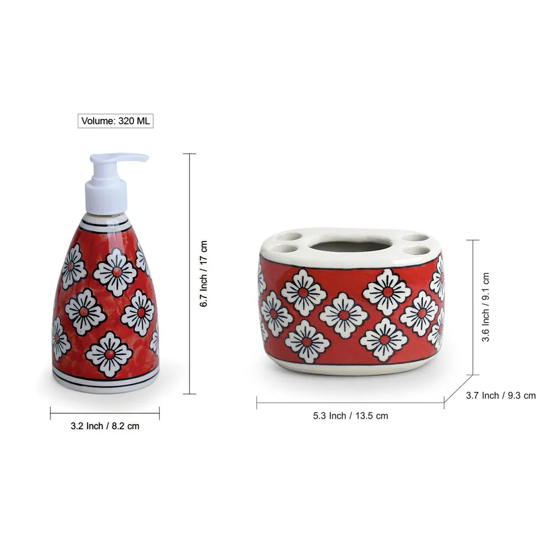 'Crimson Lily' Handpainted Bathroom Accessory Set In Ceramic (Liquid Soap Dispenser, Toothbrush Holder)