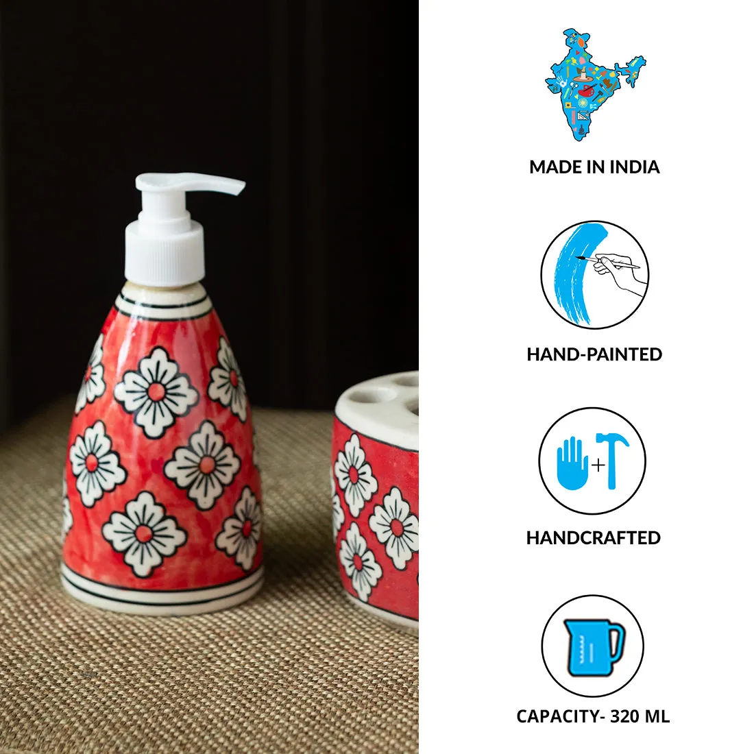 'Crimson Lily' Handpainted Bathroom Accessory Set In Ceramic (Liquid Soap Dispenser, Toothbrush Holder)