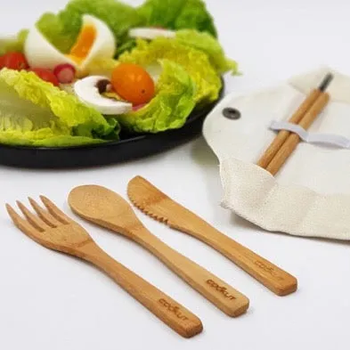 Cutlery eating set portable on the go with fold out roll case in bamboo